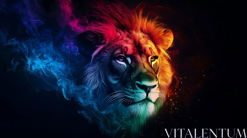 Chromatic vapor lion portrait with bilateral spectral lighting.