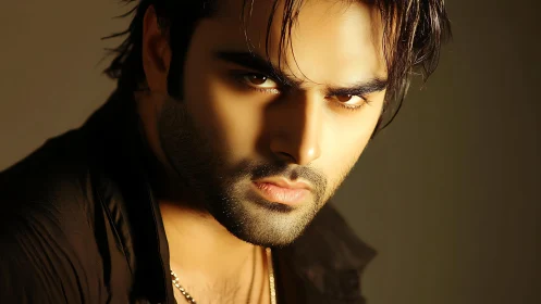 Smoldering gaze carved in molten gold and deep shadow drama.