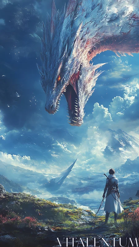 Skyborne ice dragon confronting lone swordsman on ridge