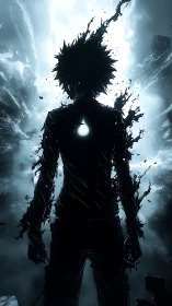 Shadowed anime figure stands before erupting light portal.