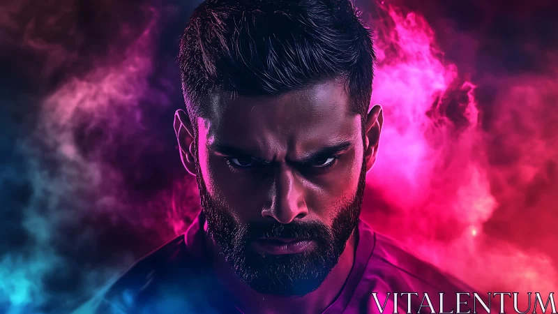 Digital portrait shows stern male face in colored smoke