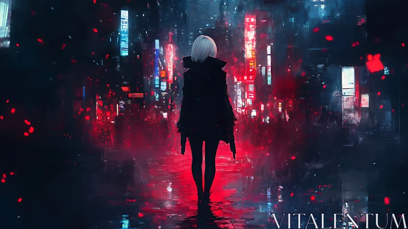 Neon drenched assassin silhouette in cyberpunk alleyway.