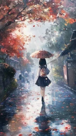 Rain-kissed schoolgirl strolls beneath blazing autumn canopy