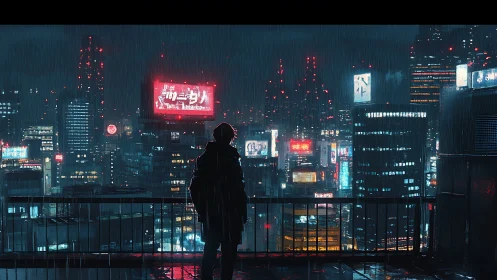 Neon city skyline glows as a lone figure watches in rain