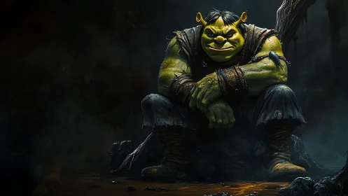 Brooding green ogre seated in swamp, cinematic low key lighting