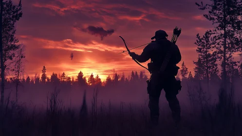 Silhouetted archer in misty forest against vivid sunset sky.