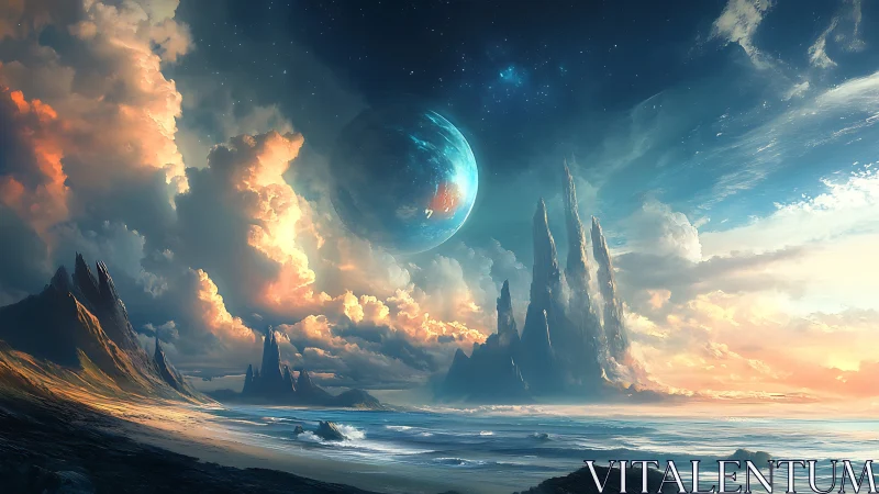 Celestial tides kissing crystal spires on an alien shore.