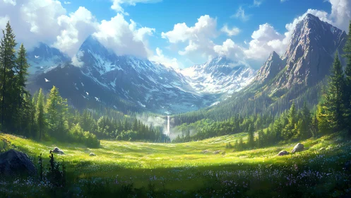 Sunlit meadow whispers beneath colossal alpine guardians