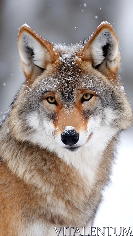 Winter-coated wolf portrait under softly falling snowflakes.