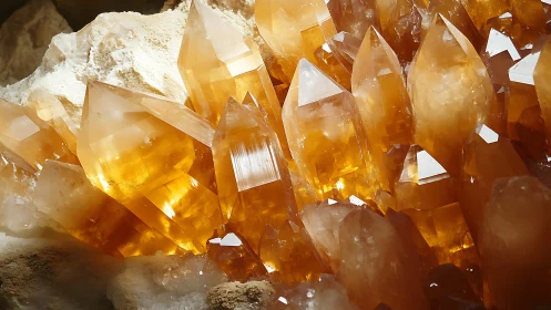 Sunlit golden crystals rise in a glowing mineral cluster