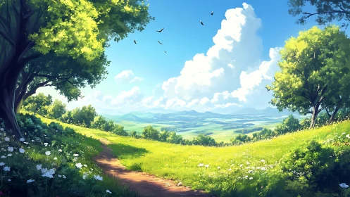 Sunlit country path winding through peaceful green meadows.