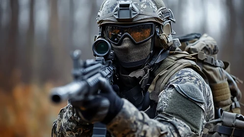 Tactical soldier aiming rifle in blurred autumn forest environment.