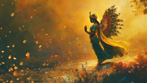 Peacock-winged river goddess drifting through molten dawn.
