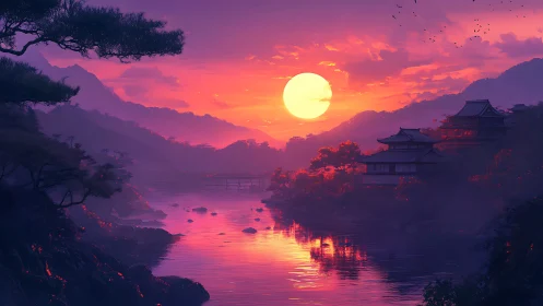 Dreamy sunset over tranquil riverside temples and hills.