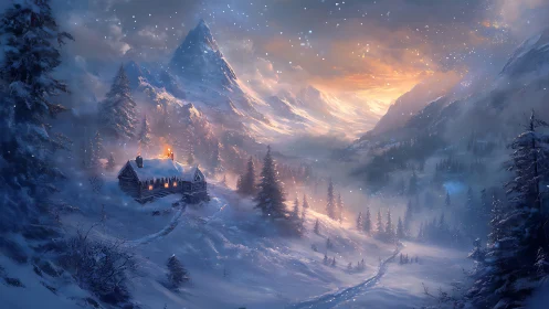 Snow-covered mountain valley shows cabin with illuminated windows