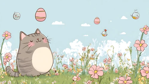 Plump meadow cat dreams beneath floating eggs and birds.