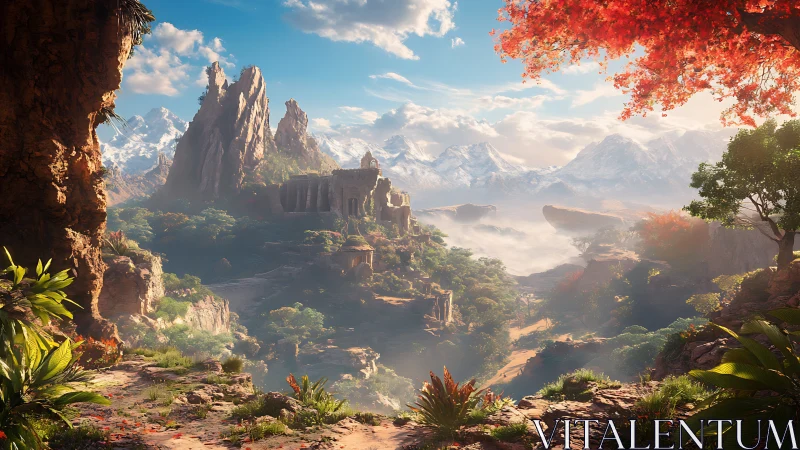 Ancient mountain valley ruins under vivid autumn canopy.