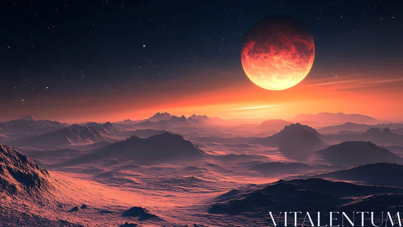 Distant red planet over illuminated alien mountain terrain.
