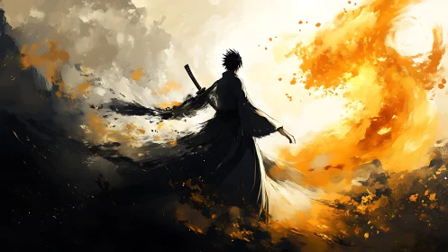 Silhouetted swordsman amid abstract black and orange vortex.
