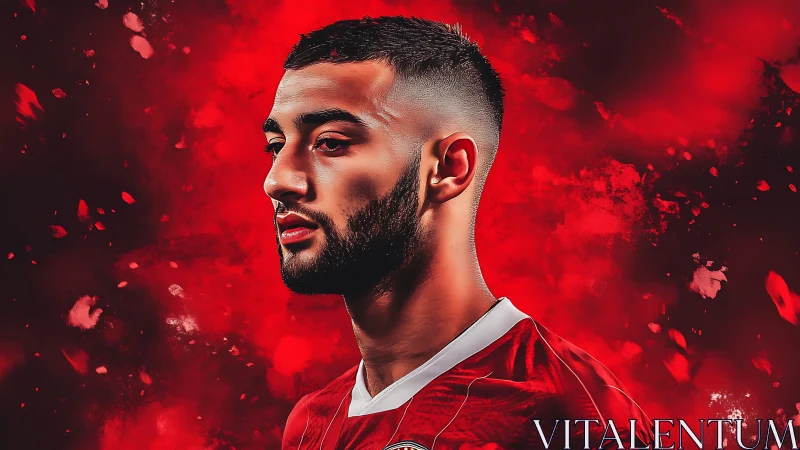 Focused footballer in red kit stands against blazing backdrop