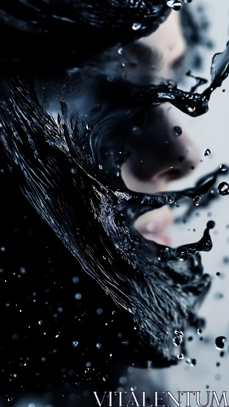 Portrait of a face submerged in dynamic black liquid motion