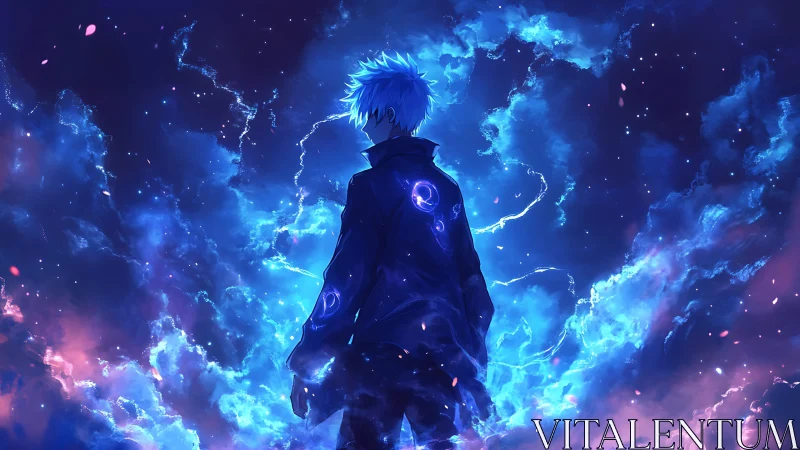 Lone anime sorcerer commands crackling blue cosmic storm