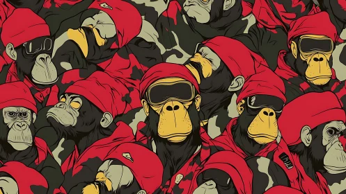 Stylized primate pattern in red clothing and goggles.