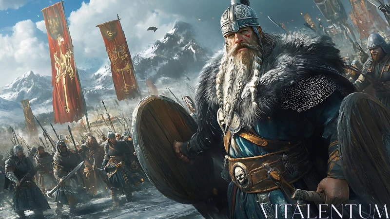 Viking war leader stands before armored army in snow field