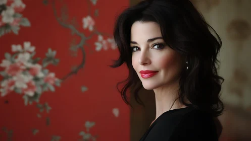 Crimson blossoms frame a poised woman with luminous charm.