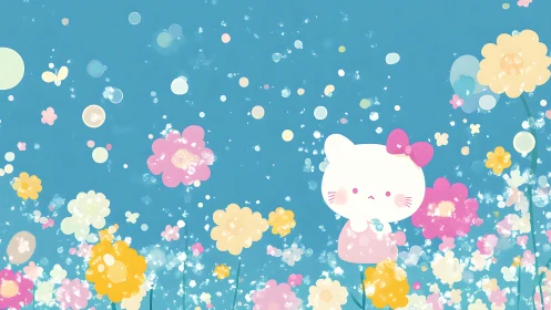 Cartoon cat character stands in stylized flower field