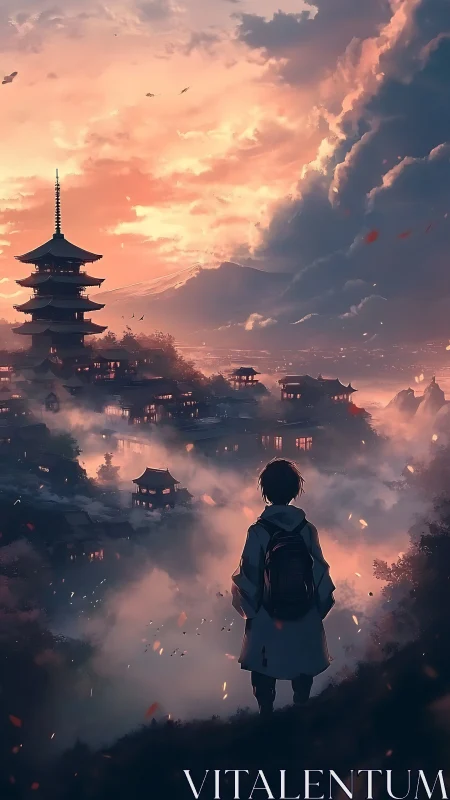Backlit traveler observes misty pagoda city at cinematic dusk