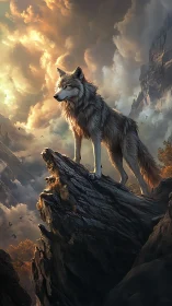 Lone wolf atop stormlit mountain ridge at sunrise.