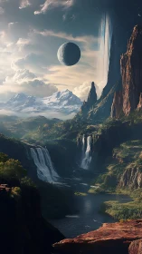 Alien canyon world with waterfalls and distant planet