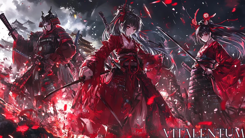 Crimson-blade samurai maidens command a storm of embers.