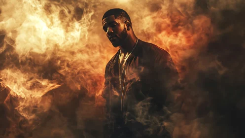 Moody portrait of a man emerging through cinematic golden smoke