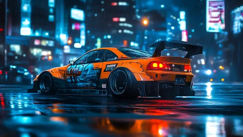 Neon city streets glow around a bold orange drift car.