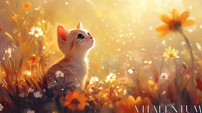 White Cat Gazing Upward in Golden Sunlit Flower Meadow