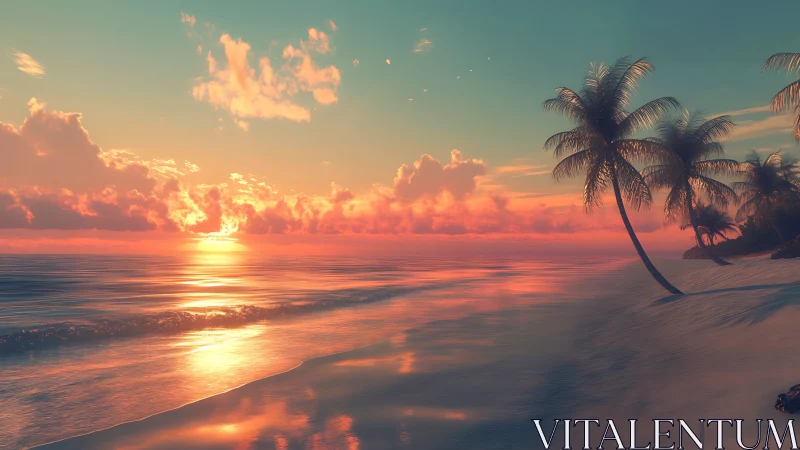 Sunset light over calm tropical shoreline with palms.