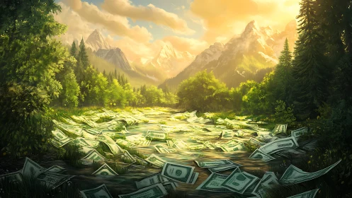 River of floating dollar bills winds through sunlit mountains.