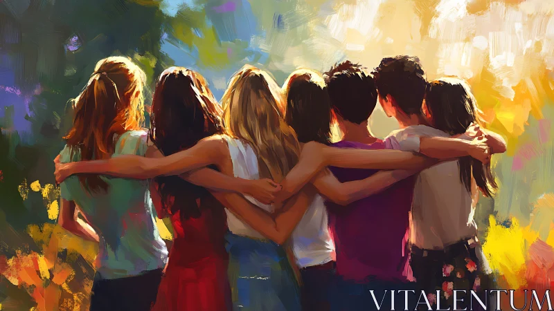 Group of Friends Embracing Outdoors in Vibrant Impressionist Style.