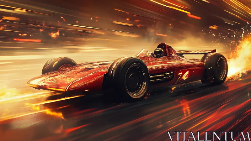 Flaming red race car rockets through a blazing speedway night.