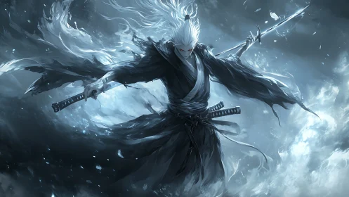 White haired samurai warrior with dual katanas in storm