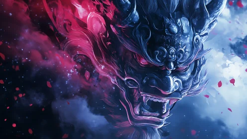 Demonic lion mask emerges from turbulent clouds with neon rim lighting