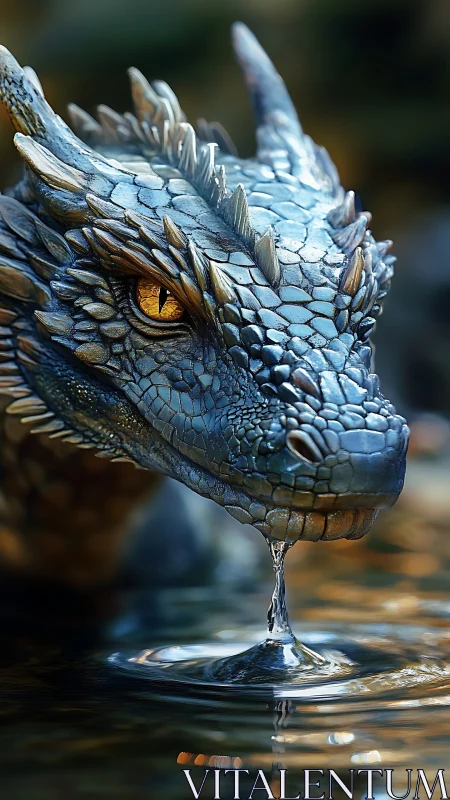 Glistening blue dragon drinking from reflective forest pool.