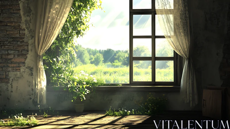 Sunlit rural window with curtains and overgrown interior plants.