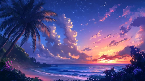 Soft tropical sunset sky glows gently above a calm shore