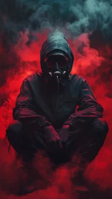 Hooded survivor crouches in toxic red and teal smoke.
