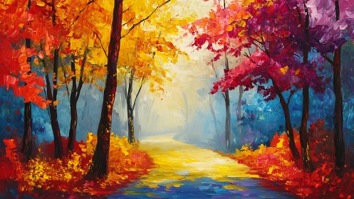 Color-drenched forest path melts gently into luminous mist