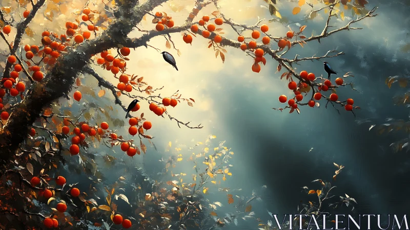 Sunlit persimmon branches with birds in a dreamy misty grove.