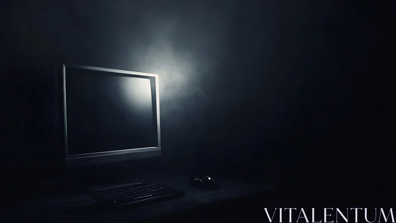 Quiet computer workspace glows gently in the darkened room